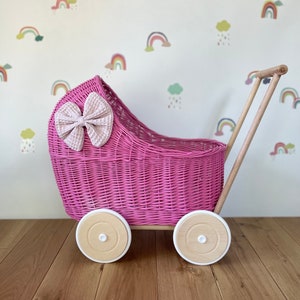 LUXURY dark pink wicker pram with light pink bow and matching bedding included, wicker doll pram UK, pram toy, wooden pram, 1st birthday
