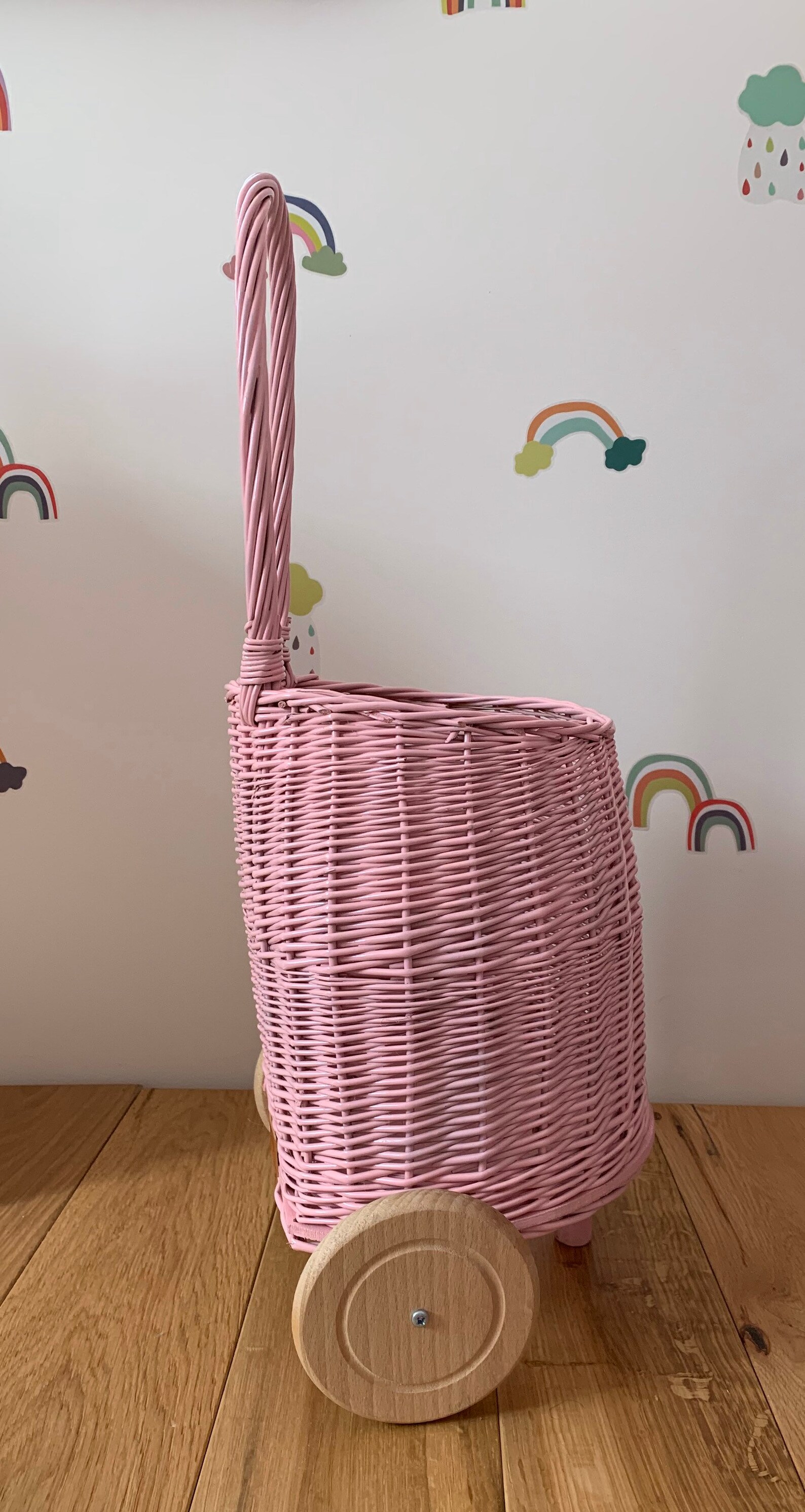 Light Pink Wicker Pull Basket on Wheels for Kids Size S Etsy UK