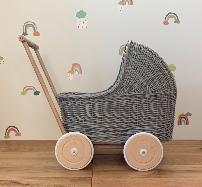 grey wicker dolls pram