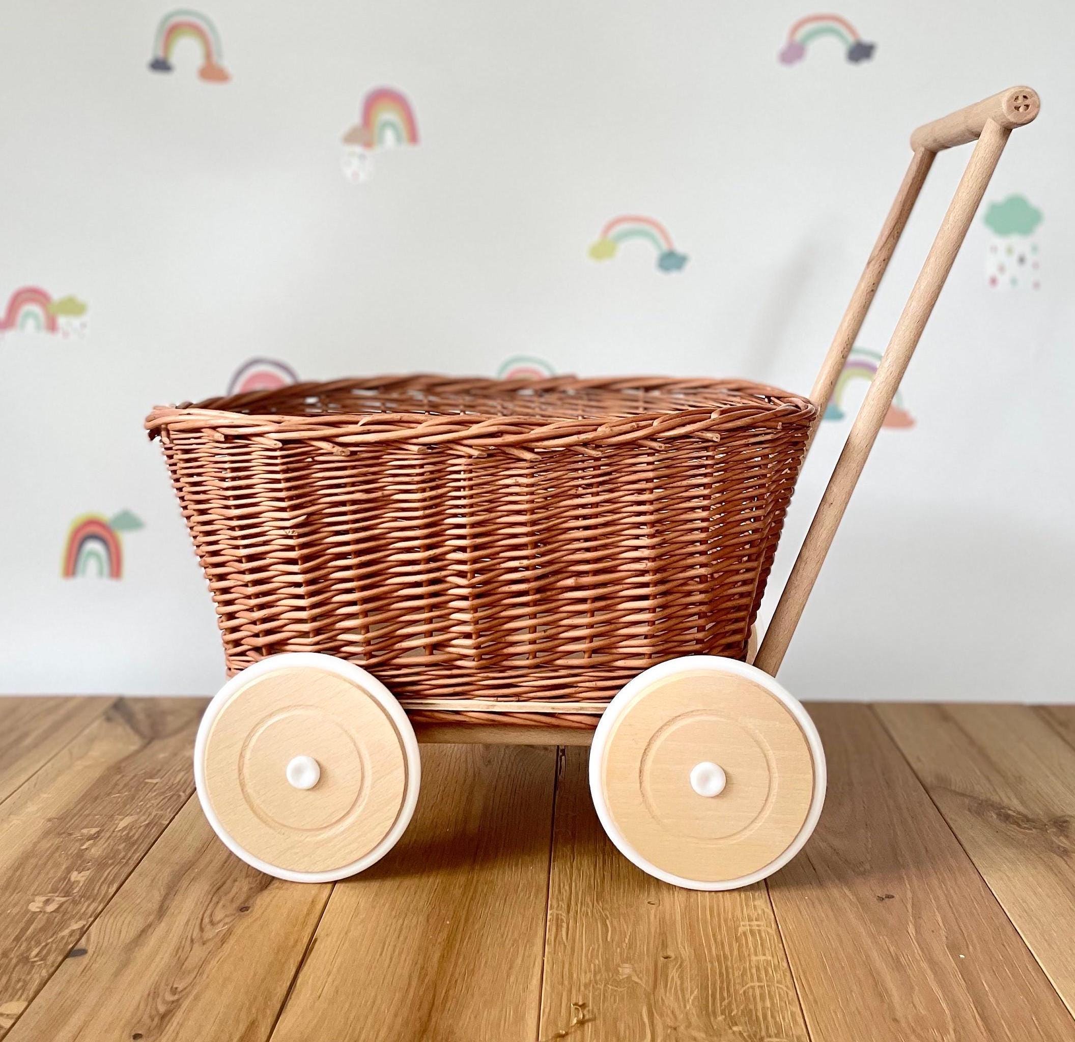 Wicker wagon with wooden handle, wicker wagon, wagon toy