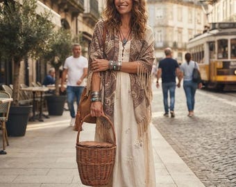 Könnte beinhalten: Ein langes cremefarbenes Kleid mit dezenter Blumenstickerei, kombiniert mit einem braunen Schal mit Paisley-Muster und Fransen. Das Ensemble umfasst einen braunen Weidenkorb mit Deckel, eine braune Lederschultertasche und braune Sandalen.