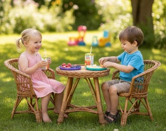 Conjunto de mesa y sillas de mimbre para niños pequeños, muebles para guardería