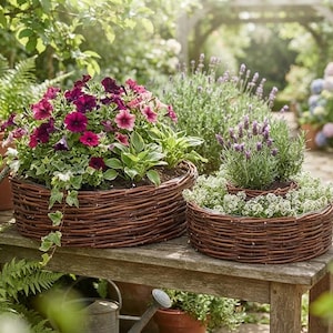Può includere: Due cesti rotondi in vimini intrecciato marrone riempiti di piante vive. Il cesto più grande contiene petunie viola scuro e rosa con edera verde, mentre il cesto più piccolo presenta lavanda viola e fiori di alisso bianchi.