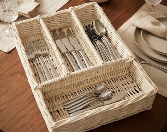 Cestino portaposate in vimini, organizer per posate, contenitore per stoviglie in stile rustico, color crema non verniciato
