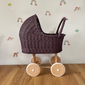 Tall Wicker Pram, Dolls pram, Wicker doll pram UK, Baby doll pram, Pram toy, Wooden Pram, Baby pram, Wicker dolls pram, Dark purple