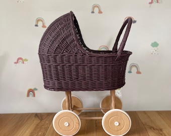 tall WICKER PRAM | doll pram | wicker doll pram UK |baby doll pram | pram toy | wooden pram | baby pram | wicker dolls pram | dark purple