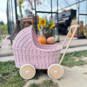 LIGHT PINK handmade doll's wicker pram, wicker stroller with bedding name tag included