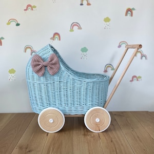 LUXURY blue wicker pram purple bow and matching bedding included, wicker doll pram UK, pram toy, wooden pram, 1st birthday