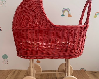 Handmade Wicker Doll Pram: Red Toy Pram with Wooden Wheels