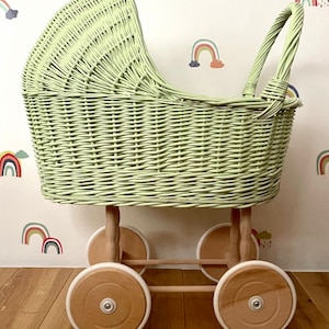 Tall WICKER PRAM | doll pram | wicker doll pram UK |baby doll pram | pram toy | wooden pram | baby pram | wicker dolls pram | light green