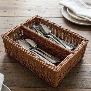 May include: A rectangular, woven wicker cutlery organizer with two compartments. The organizer is filled with silverware, including forks and spoons. The basket is light brown and sits on a wooden table.