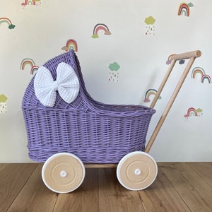 LUXURY lilac wicker pram with white bow and matching bedding included, wicker doll pram UK, pram toy, wooden pram, 1st birthday