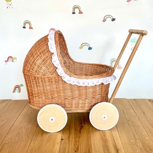 WICKER PRAM with lace trim, Doll pram, wicker doll pram with bedding included, pram toy | wooden pram, baby pram, 1st bday gift, natural