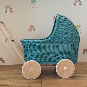 WICKER PRAM | doll pram | wicker doll pram UK |baby doll pram | pram toy | wooden pram | baby pram | wicker dolls pram | doll stroller |aqua