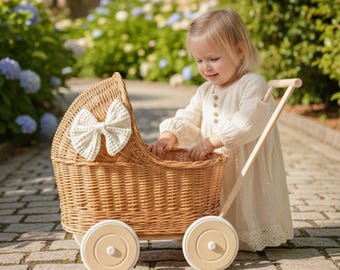 LUXURY wicker pram with bow and bedding included, doll pram, wicker doll pram UK, baby doll pram, pram toy, wooden pram, wicker dolls pram