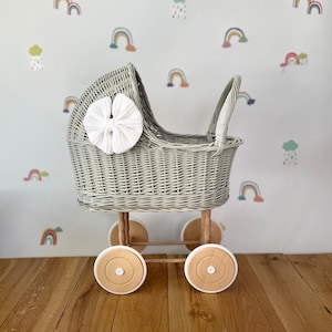 LUXURY wicker pram with bow and bedding included, wicker pram, dolls pram, pram toy, wooden pram, wicker dolls pram, Tall, light grey