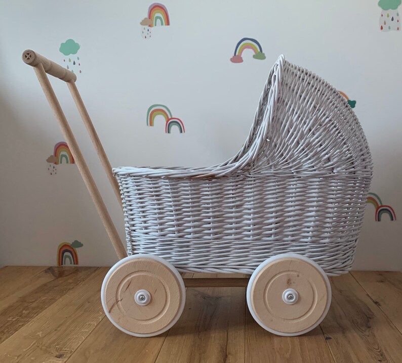 white wicker dolls pram