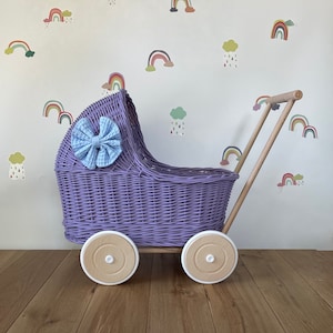 LUXURY lilac wicker pram with blue bow and matching bedding included, wicker doll pram UK, pram toy, wooden pram, 1st birthday