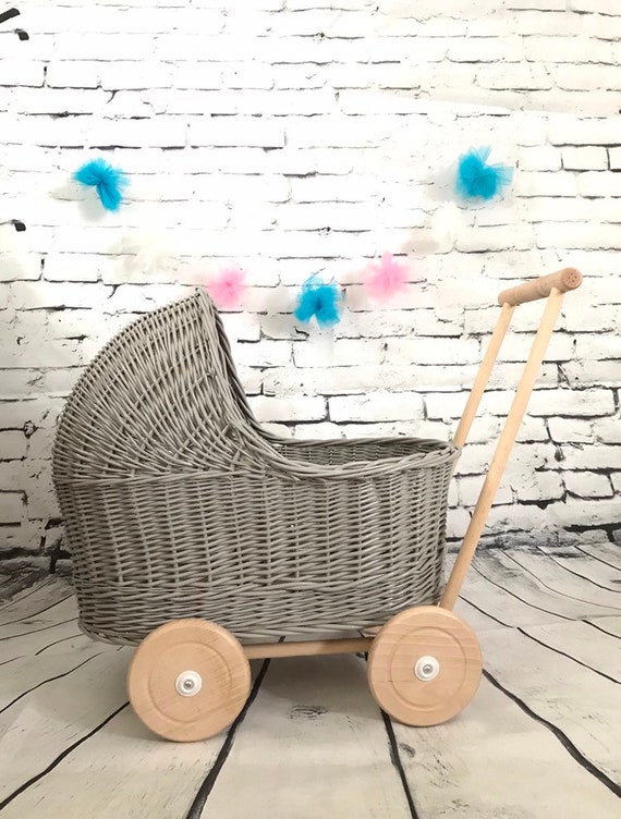 grey wicker dolls pram