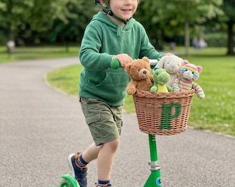 Cestino per bicicletta in vimini personalizzato per bambini con cinghie in pelle, cestino per scooter