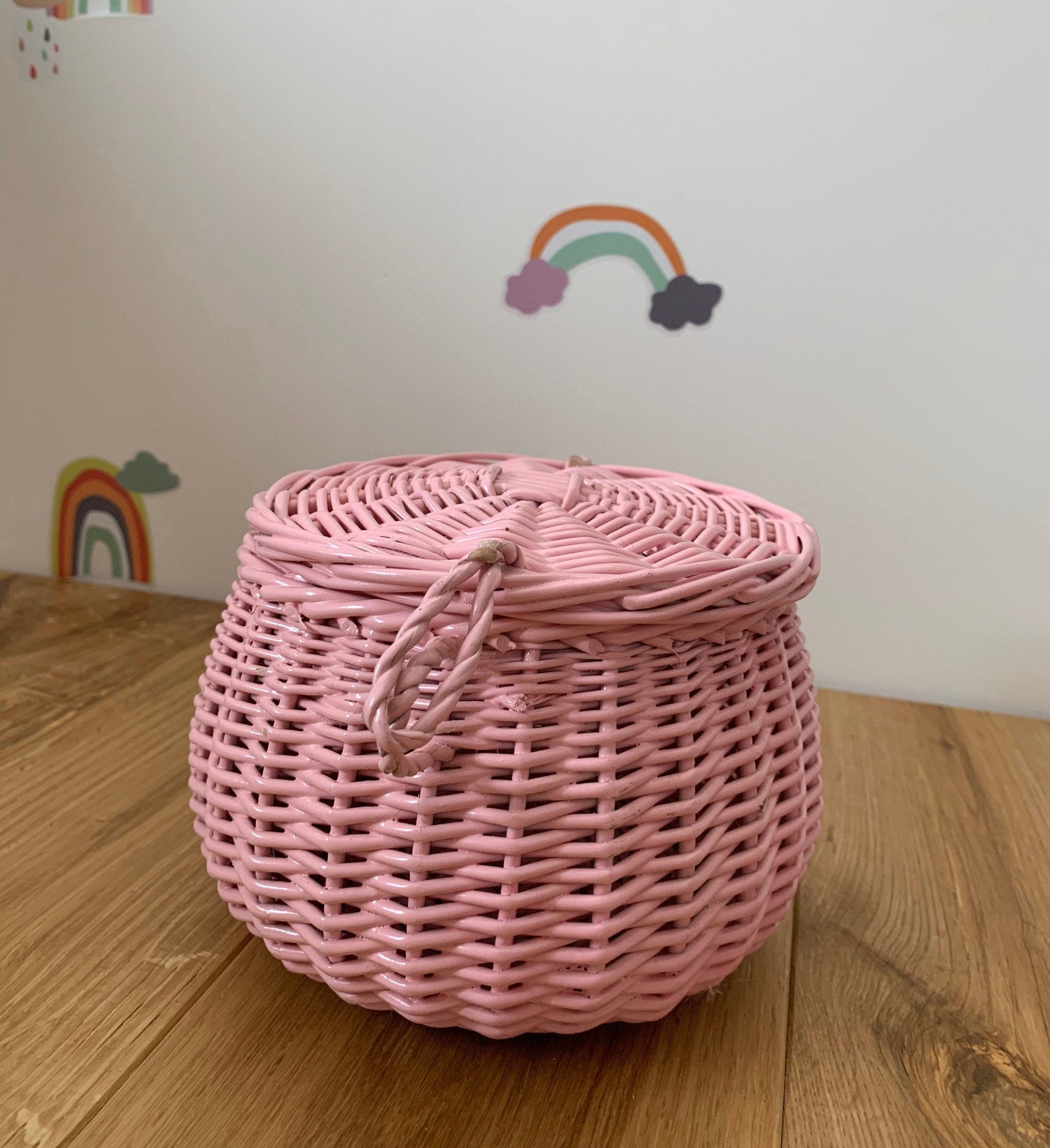 Light PINK Storage Basket Kids Interior Storage Wicker Basket Kids Room,  Basket With Lid, Rattan Basket, Wicker Basket 