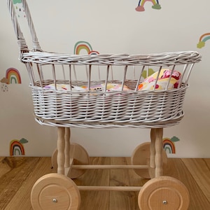 simple WICKER PRAM | doll pram | wicker doll pram UK |baby doll pram | pram toy | wooden pram | baby pram | wicker dolls pram |white painted