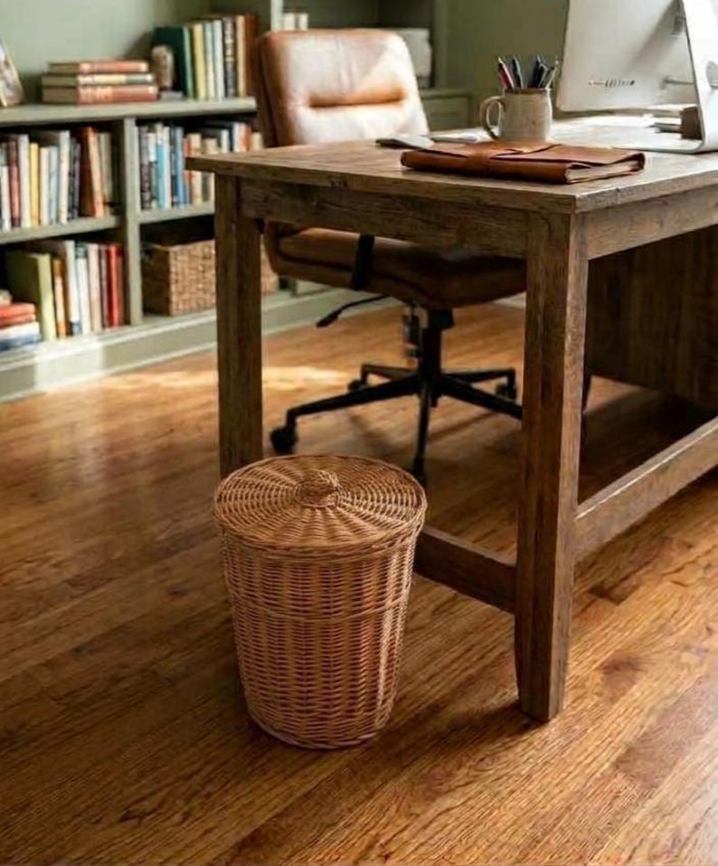 May include: A cylindrical woven wicker wastebasket with a matching lid, featuring a natural light brown finish and a tapered design, positioned on a wooden floor beneath a wooden desk in a home office setting.