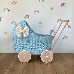 LUXURY blue wicker pram with cream bow and matching bedding included, wicker doll pram UK, pram toy, wooden pram, 1st birthday
