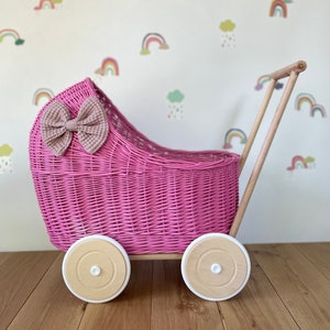 LUXURY dark pink wicker pram with purple bow and matching bedding included, wicker doll pram UK, pram toy, wooden pram, 1st birthday