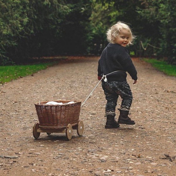 NATURAL wicker pull-along wagon toy, wagon toy with robe,