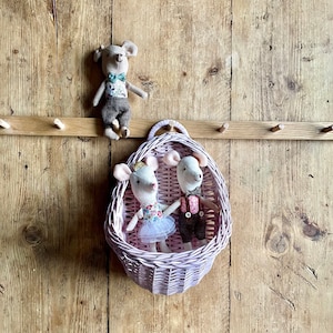 Könnte beinhalten: Zwei Plüsch-Mausspielzeuge in einem rosa Weidenkorb, der an einer Holzwand hängt. Die Maus links trägt ein Blumenkleid und eine Krone. Die Maus rechts trägt eine braune Weste und eine Fliege.