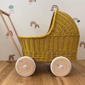 WICKER PRAM | doll pram | wicker doll pram UK |baby doll pram | pram toy | wooden pram | baby pram | wicker dolls pram 1st bday gift mustard