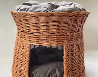 Panier pour chat en osier, lit pour chat, maison pour chat en osier avec 2 coussins inclus