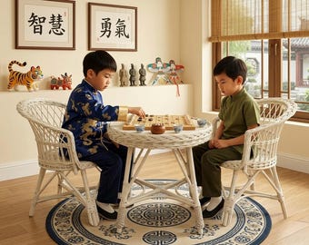 Juego de mesa infantil de mimbre color crema con 2 sillas