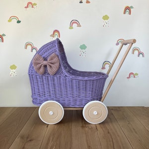 LUXURY lilac wicker pram with purple bow and matching bedding included, wicker doll pram UK, pram toy, wooden pram, 1st birthday