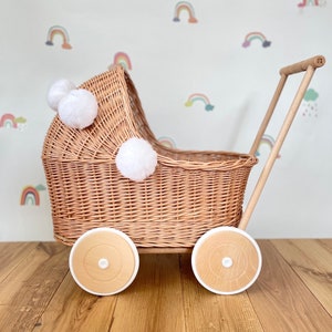 Wicker pram with white pompoms, nametag & bedding included, doll pram, baby doll pram, pram toy, wooden pram, wicker dolls pram, NATURAL