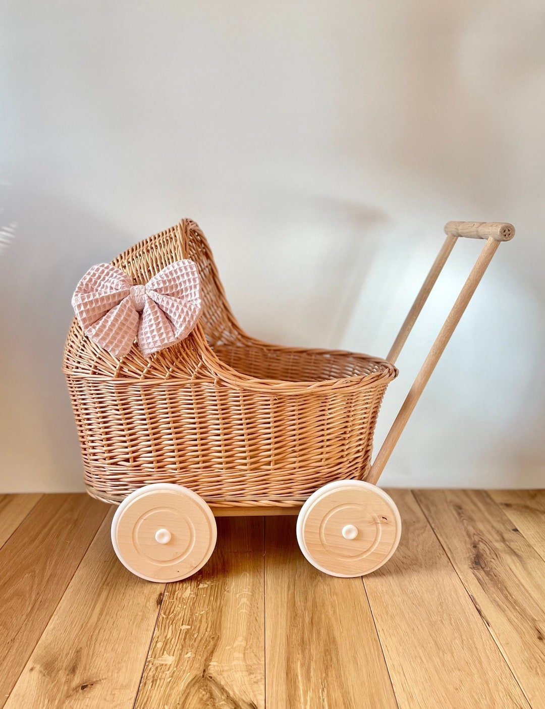LUXURY Wicker Pram With Bow and Bedding Included, Doll Pram, Wicker