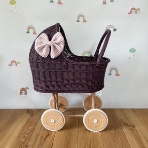 LUXURY tall wicker pram with bow and bedding included, dolls pram, baby doll pram, wooden pram, wicker dolls pram, dark purple
