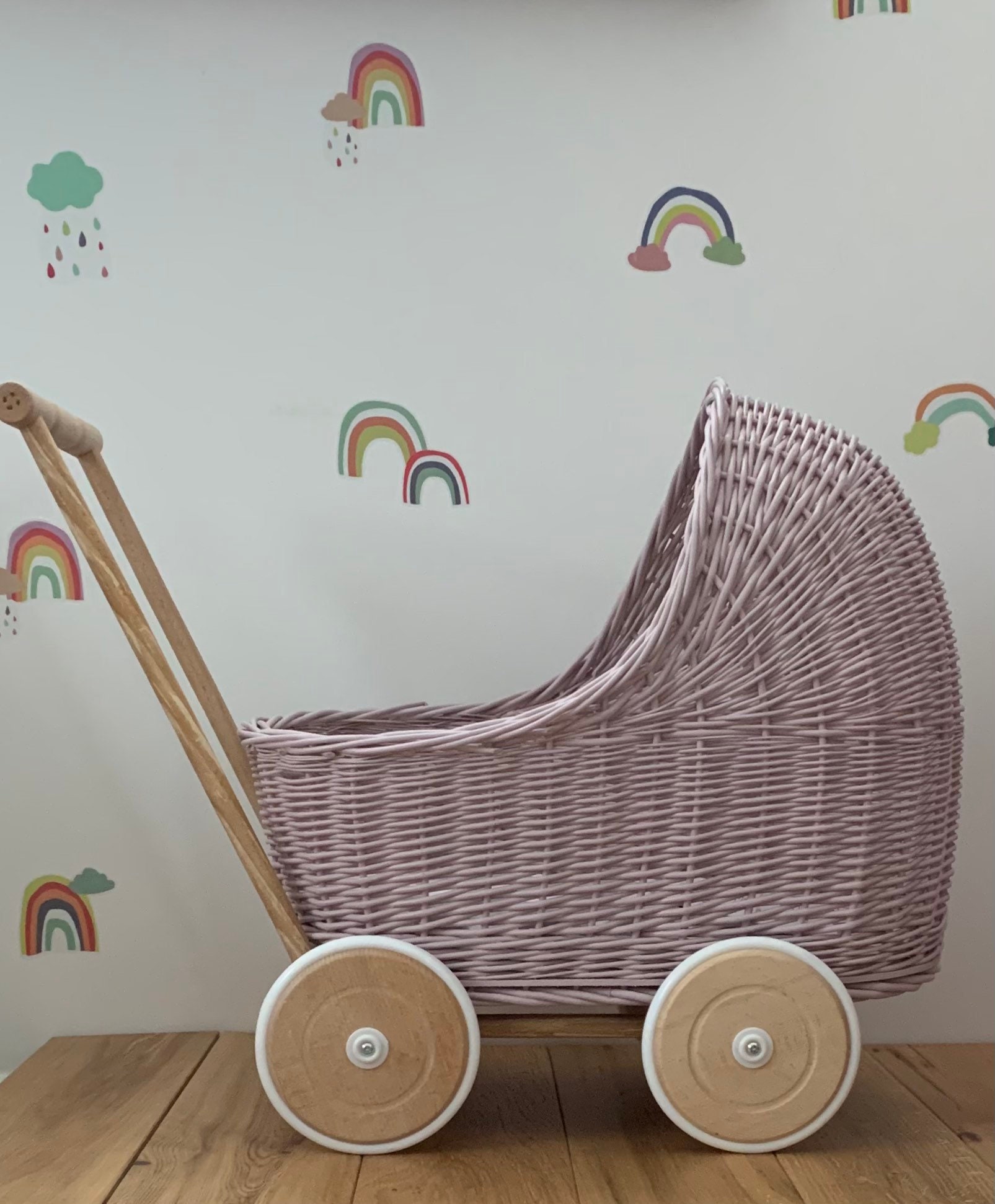PALE PINK dolls pram with bedding included | Handmade | organic wicker