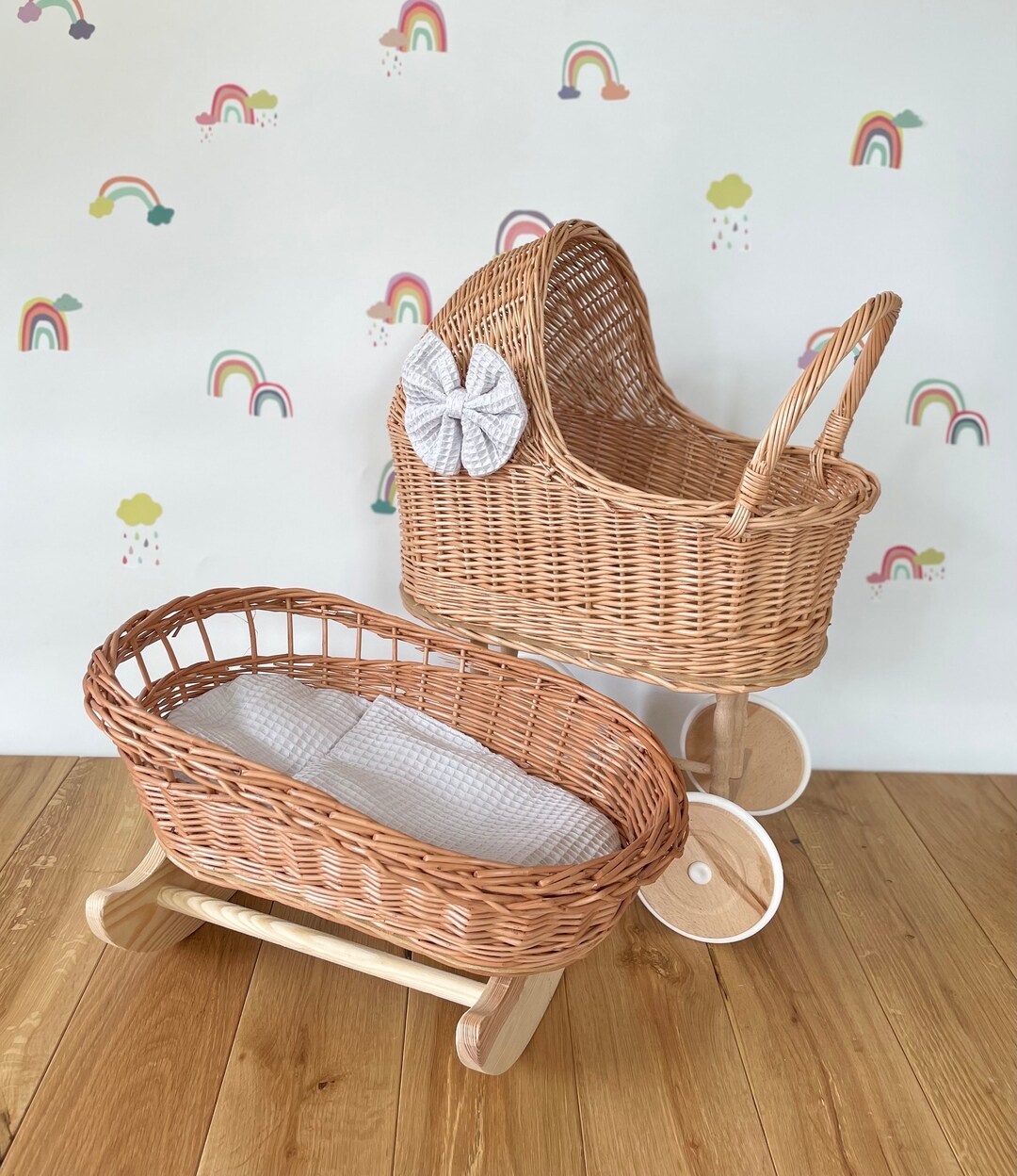 Luxury Set of Wicker Doll Pram and Crib With Bow, Matching Bedding and