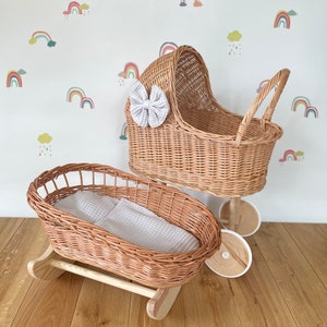 Luxury set of wicker doll pram and crib with bow, matching bedding and name tag included. Wicker pram and cot, natural