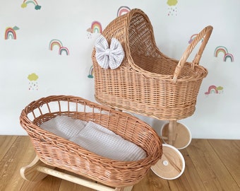 Luxury set of wicker doll pram and crib with bow, matching bedding and name tag included. Wicker pram and cot, natural