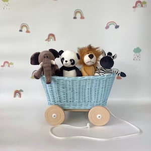 BLUE wicker pull-along wagon toy, trolley on wheels, wagon on wheels, wicker cart