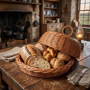 May include: A round, light brown woven wicker basket with a matching domed lid and a circular handle on top. The basket is filled with an assortment of fresh baked goods, including a large loaf of sourdough bread, sliced bread, and rolls.