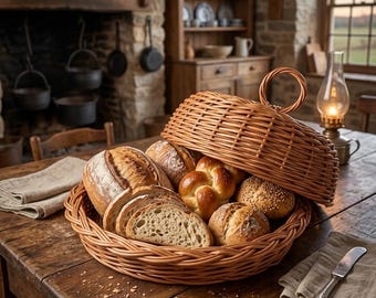 Op de afbeelding: Een ronde, lichtbruine gevlochten rieten mand met een bijpassend koepelvormig deksel en een cirkelvormig handvat aan de bovenkant. De mand is gevuld met een assortiment verse bakproducten, waaronder een groot zuurdesembrood, gesneden brood en broodjes.
