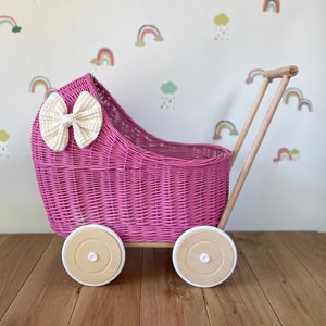 LUXURY dark pink wicker pram with cream bow and matching bedding included, wicker doll pram UK, pram toy, wooden pram, 1st birthday