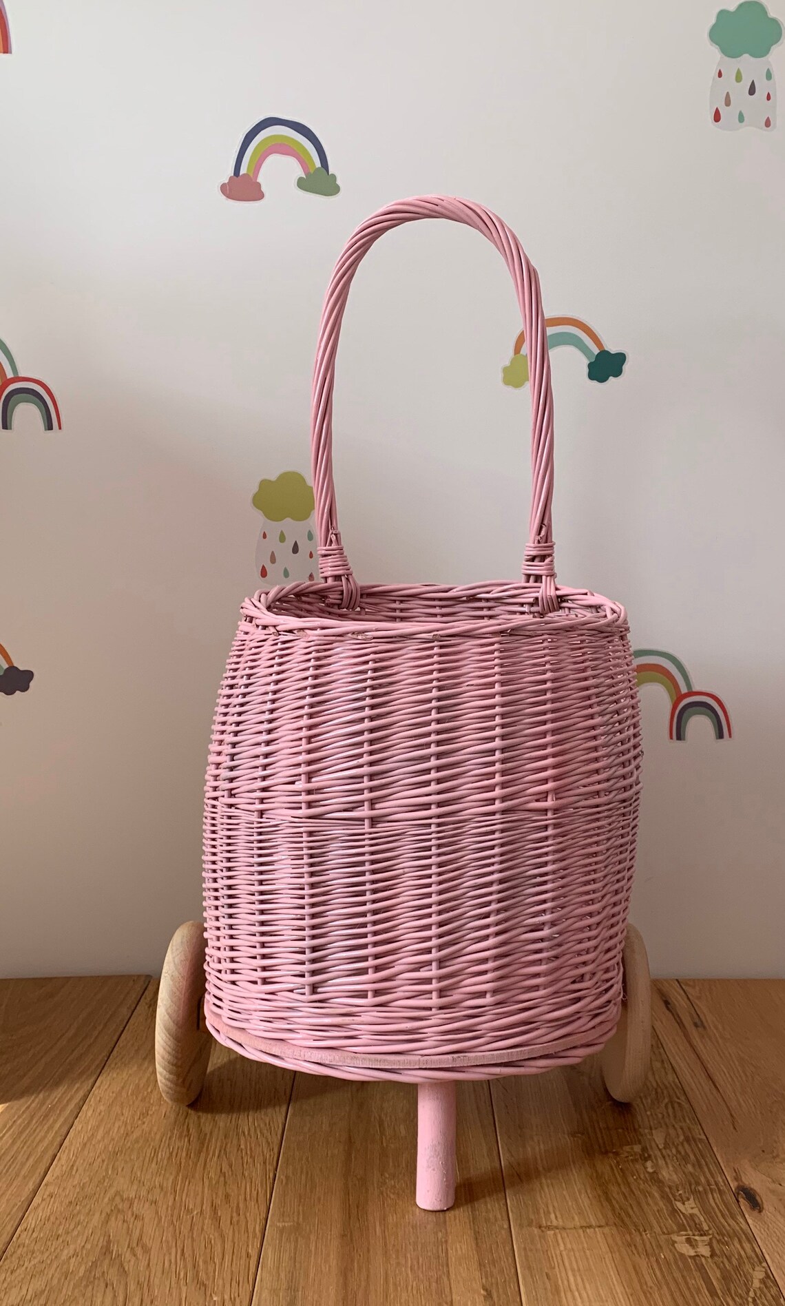 Light Pink Wicker Pull Basket on Wheels for Kids Size S Etsy UK