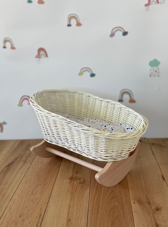 Wooden Toy Cradle, White Wooden Doll Cradle