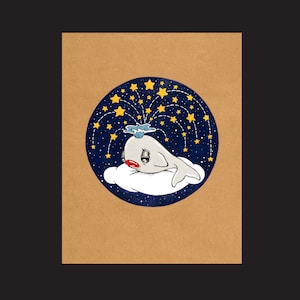 May include: A blue and white illustration of a whale with a sad expression, sleeping on a cloud surrounded by yellow stars on a dark blue background.