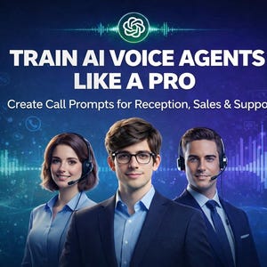 Puede incluir: Imagen que promociona la formación de agentes de voz de IA. El texto dice "TRAIN AI VOICE AGENTS LIKE A PRO" y "Create Call Prompts for Reception, Sales & Support". Tres personas con auriculares aparecen en la imagen, con un fondo azul.
